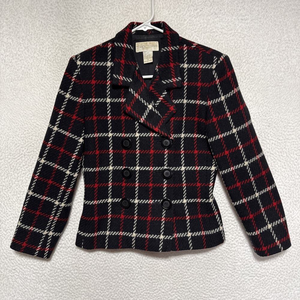 Vtg CASUAL CORNER 100% Wool Black Red Check Double Breasted Jacket Size 6